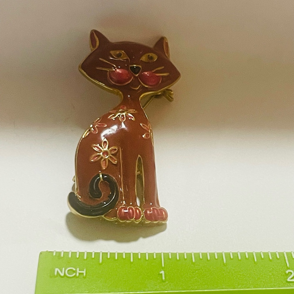 Vintage Enamel Cat Brooch Brown Goldtone - Picture 3 of 4
